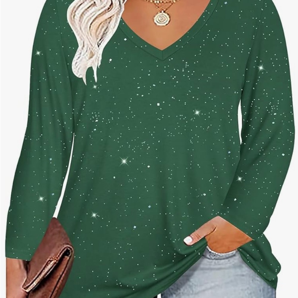 Elegant Green Sparkle V-Neck Long Sleeve Top